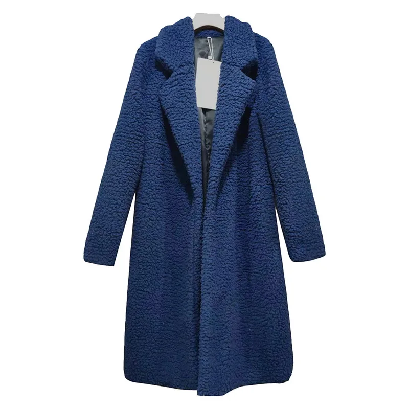 OEAK длинный меховой кардиган с отворотом, пальто из овчины, зимняя Толстая теплая Женская куртка, длинное женское пальто, Женская Базовая куртка - Цвет: navy