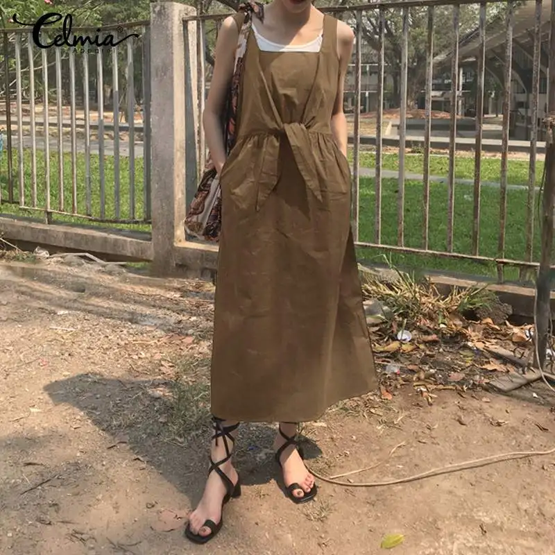 

Celmia 2020 Summer Sundress Women Vintage Apron Dress Long Overalls Suspender Ladies Knot Casual High Waist Tunic Shirt Vestidos