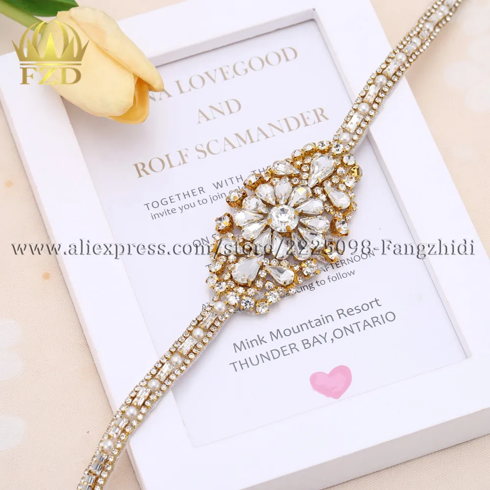 Fzd(1piece)handmade Beaded Sew On Hot Fix Bridal Belts Gold Wedding