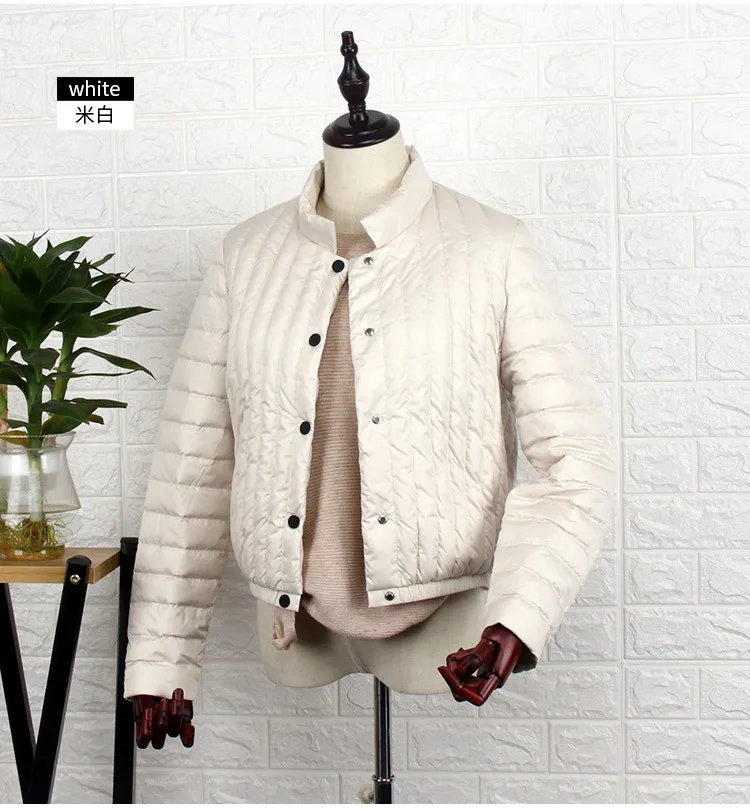 Стиль пуховик Для женщин короткий корейский-Стиль Slim Fit сплошной Цвет теплая куртка-пуховик белого цвета на утином пуху пальто от сезонных погодных явлений; Cl