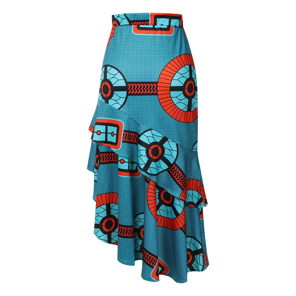 SUNGIFT Dashiki African Dresses For Women Double-layered Ruffled Hem Africa Digital Print Elegant Length Skirt African Clothing