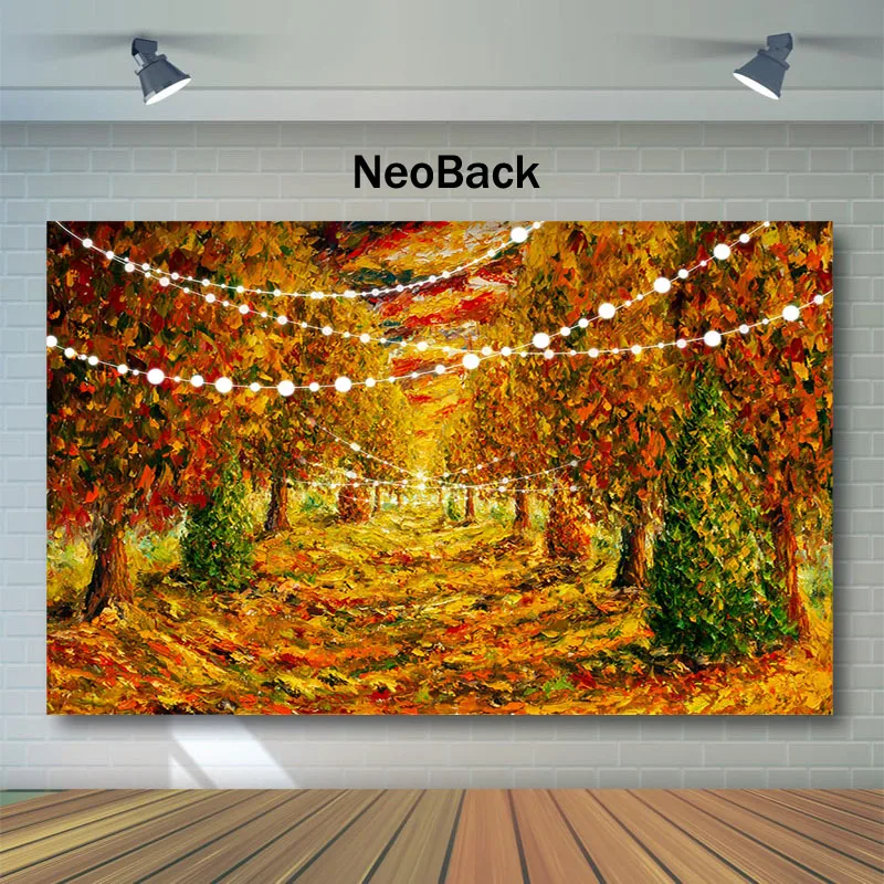 

NeoBack Autumn Oil Painting Backdrop Natural Scenery Forest Maple Leaf Photography Backdrop Dessert Table Decor Props Background