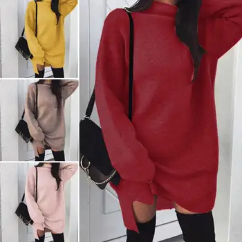 

Womens Solid Color Loose Long Sleeve Turtleneck Warm Knitted Sweater Slit Dress