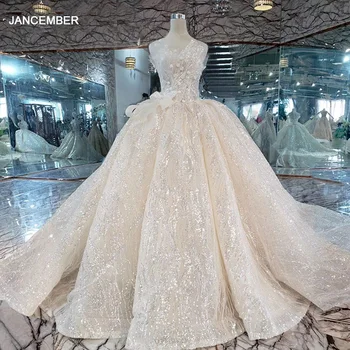 شراءHTL354 لامعة بلا حمالات فستان الزفاف 2019 بلا أكمام كبير القوس الكرة ثوب الزفاف فساتين الزفاف قطار طويل Vestido Novia Encaje