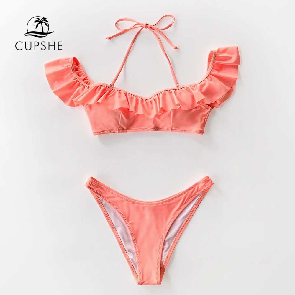 CUPSHE Одноцветный розовый гофрированный Холтер стринги бикини наборы сексуальный с открытыми плечами Купальник из двух частей купальники для женщин пляжные купальники