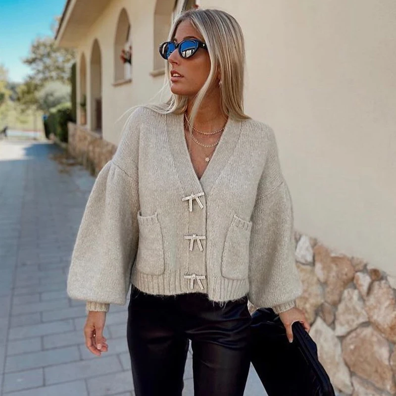 

Ardm Fashion Cardigan Mujer Rhinestone Buttons Knitted Cardigan Women Sweater Vintage Lantern Sleeve Loose Female Outerwear Tops