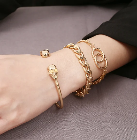 Горячее предложение 3 шт./компл. Панк золото Цвет Череп браслет для Для женщин на толстом каблуке Шарм браслет круг браслет Модные украшения