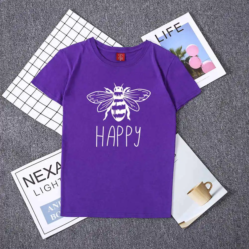 Фиолетовый Высококачественная женская футболка с принтом Happy Bees, хлопковые повседневные футболки, большие размеры 190 кг, женские топы с короткими рукавами, 16 цветов - Цвет: Фиолетовый