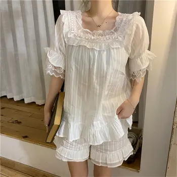 

Alien Kitty 2020 Palace Style Square Collar Chic Pajamas Suits Sweet Hot Home Clothes All Match Summer Lace Cute Girls Sleepwear