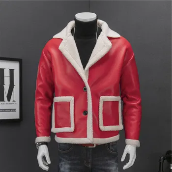 

Red Black Drop Shoulder Wash Pu Leather 2 Button Suit Collar Coat Fur Men Jacket