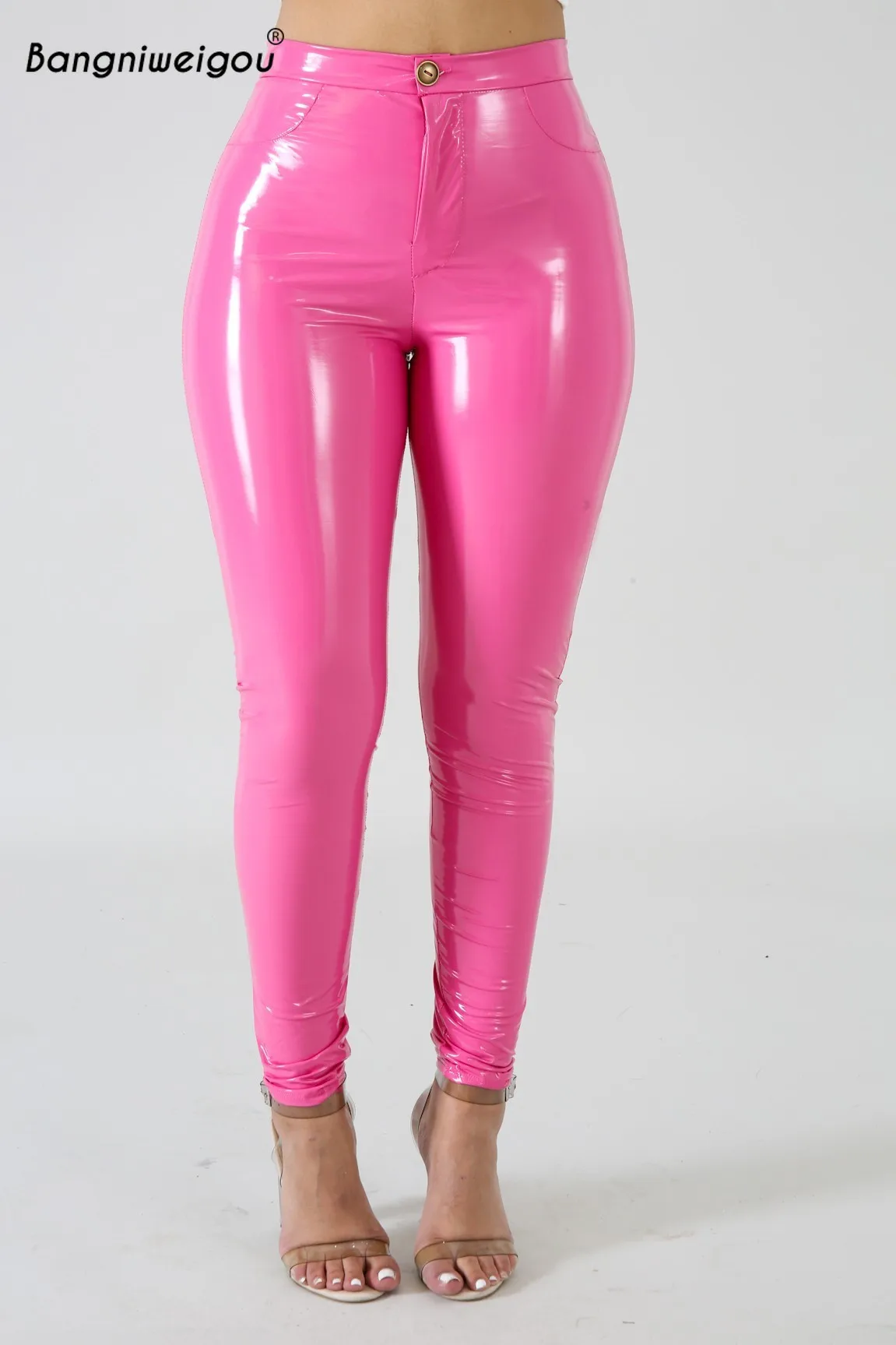 Bangniweigou/Узкие брюки из искусственной кожи с высокой талией; Повседневные Вечерние узкие брюки из пвх; зимние плотные однотонные брюки; уличная одежда
