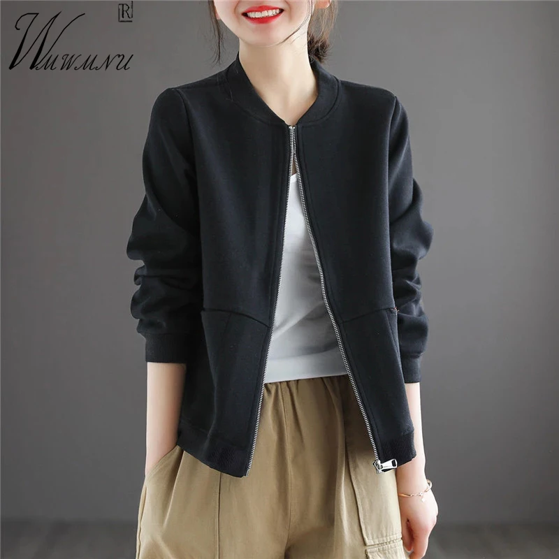 

Casual Black Bomber Jacket Women 2022 Spring Cotton Chaqueta Bomber Mujer 80kg Plus Size Cropped Jacket Mother Classic Outerwear