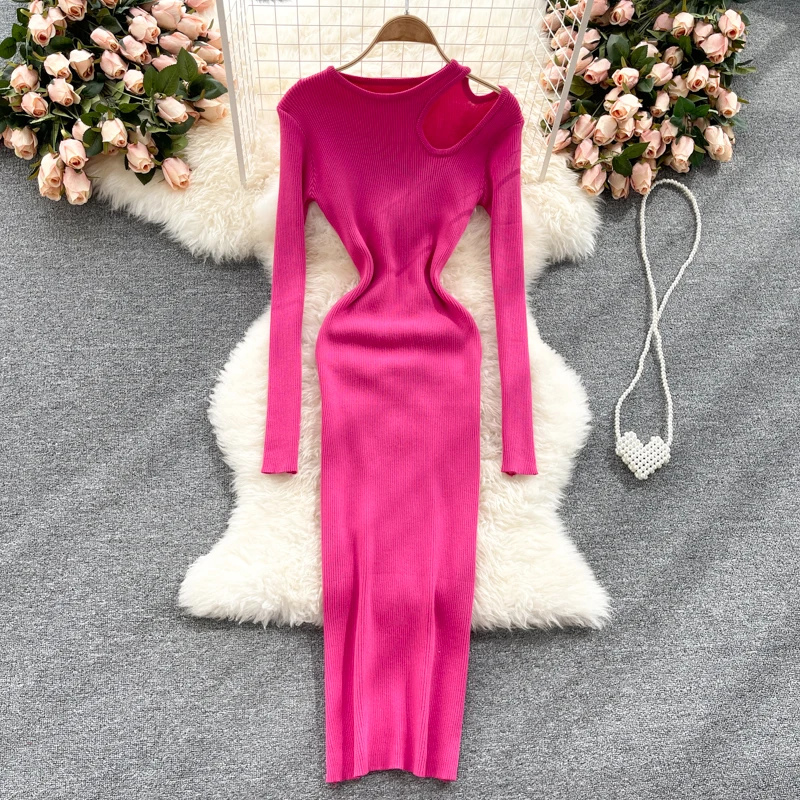 

Women's Dress Korean Casual O-neck Hollow Dresses Female High Waist Slim Knit Vestidos 2021 Autumn Winter
