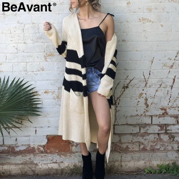 

BeAvant Vintage striped knitted cardigan women 2019 Casual pockets loose lady beige cardigans Autumn winter long sweater female