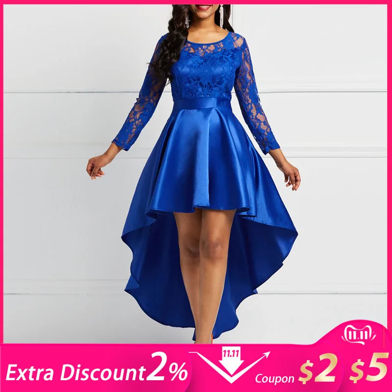 Online Evening Party Date Asymmetric Satin Hollow Out Floral Lace Long Dress Women Spring Summer Royal Blue Burgundy Red Maxi Dresses