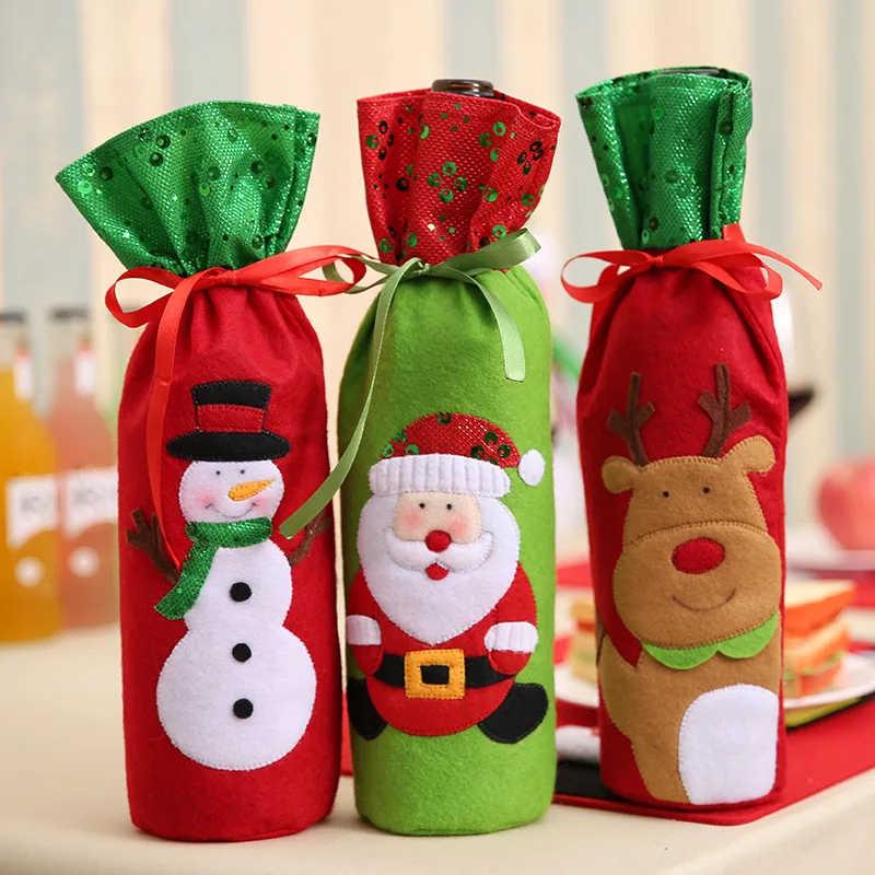 

Christmas Table Decor Dinner Party Red Wine Christmas Santa Tree Bottle Cover Bag Sets Bottle Decor for New Year Xmas Dinner