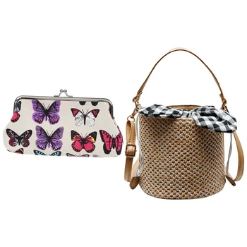 

2 Pcs Bag: 1 Pcs Butterflies Printed Coin Purse(White) & 1 Pcs Straw Bags Female Bowknot Beach Bags Khaki