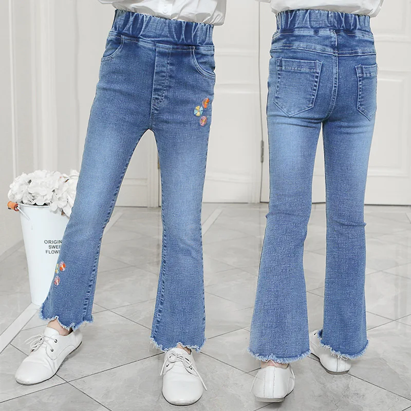 Стиль, милая осенняя одежда для девочек, джинсы для больших мальчиков, детские штаны-трубы с цветочной вышивкой