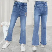 Стиль, милая осенняя одежда для девочек, джинсы для больших мальчиков, детские штаны-трубы с цветочной вышивкой