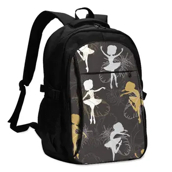 

Backpack USB Charge Women Ballerina's Feathers Silhouette Student Backpack Letters Print School Bag Teenager Girls Backpack