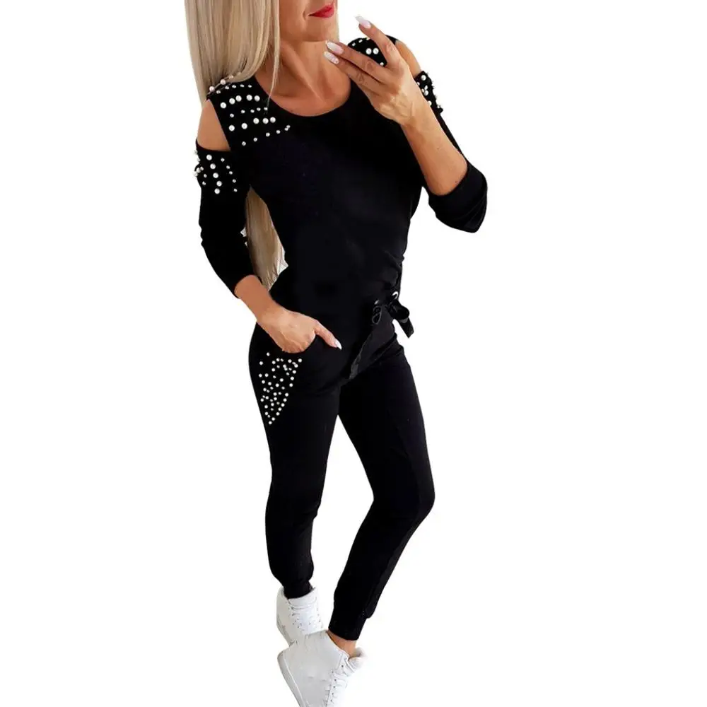 

2Pcs/Set Women Solid Color Tracksuit Outdoor Running Jogging Clothes Beading Long Sleeve Sweatshirt and pant Sport Suit Autumn