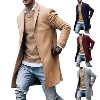 

Chic Men Winter Lapel Collar Single-breasted Pockets Woolen Jacket Trench Coat Men's coat with velvet and long buttons