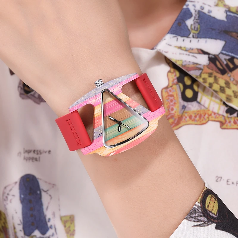 Unique Colorful Wood Watch Creative Triangle Shape Dial Hour Clock Women Quartz Leather Bracelet Watch Women's Wrist Reloj Mujer