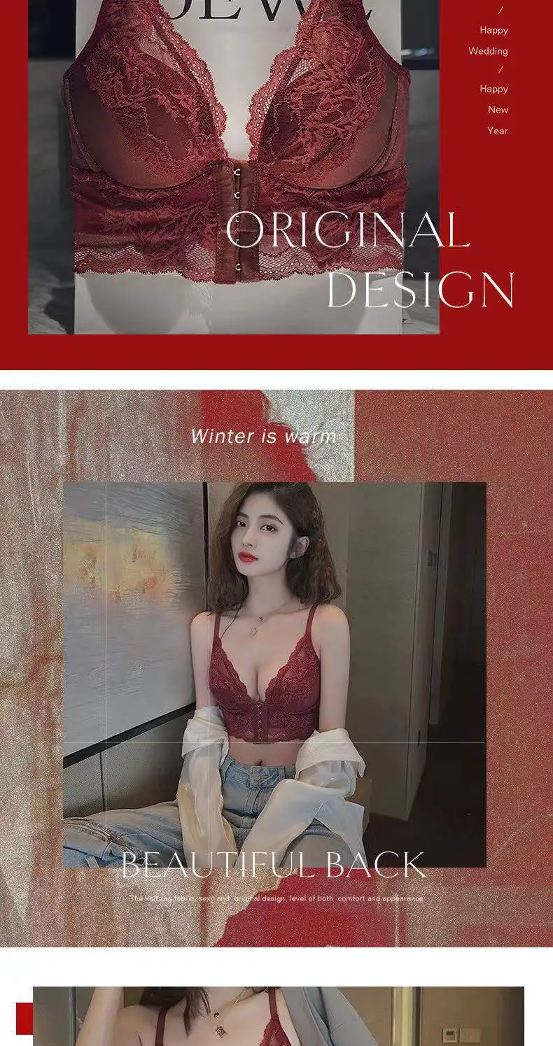 womens lingerie sets Sexy Lace Underwear Women's Small Breasts Gathered Up Breasts Anti-sagging Bra Without Steel Ring Red Front Buckle Bra Set underwear set