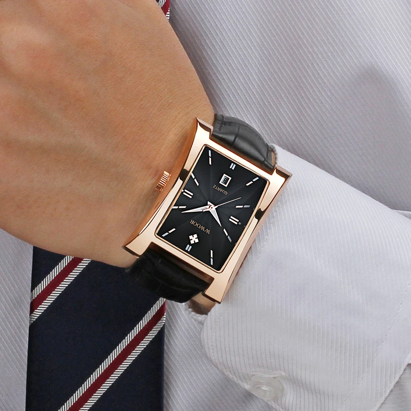 

Cool Gold Genuine Leather watch men WWOOR Top Brand luxury watch men Waterproof Calendar Display Fashion mens watches quartz