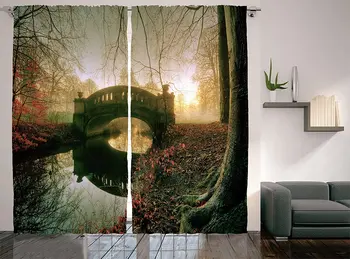 

Landscape Curtains Mystical Stone Bridge on Blurred River with Foggy Autumn Forest Living Room Bedroom Window Drapes Paprika