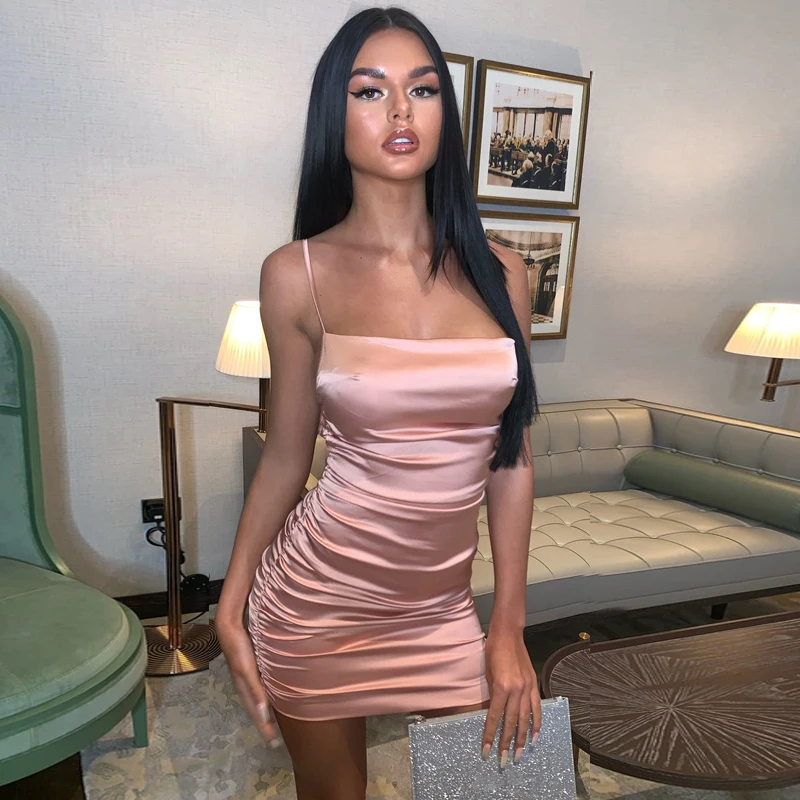 SEASONS Satin Sleeveless Backless Ruched Sexy Mini Dress Women Spaghetti Strap Dresses Club Party Outfits Vestidos ASDR80327