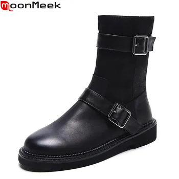 

MoonMeek 2020 New fashion ankle boots comfortable low heel round toe women shoes genuine leather buckle black color women boots