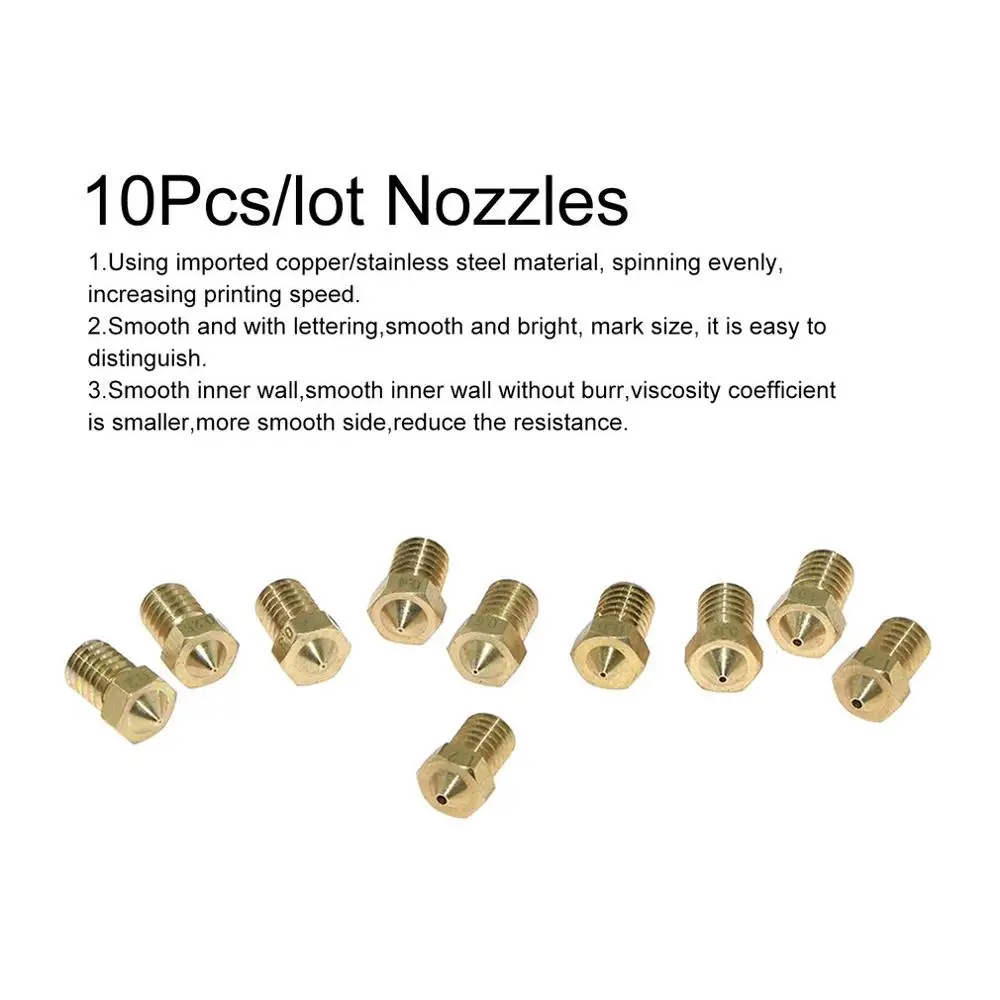 

10Pcs/lot E3D M6 Nozzles V5 V6 Metal Nozzle 0.2/0.25/0.3/0.4/0.5/0.6/0.8/1.0mm For 1.75mm/3mm Filamnet 3D Printer Parts
