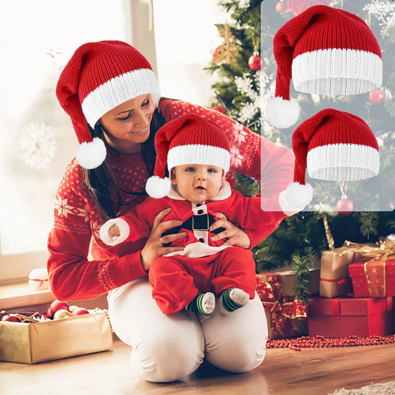 Christmas Beanie Hat Red Knitted Christmas Hat Cute Pompom Santa Claus Cap Warm Crochet Beanie Hat For Mom Baby Xmas New Year Party Gift Navidad