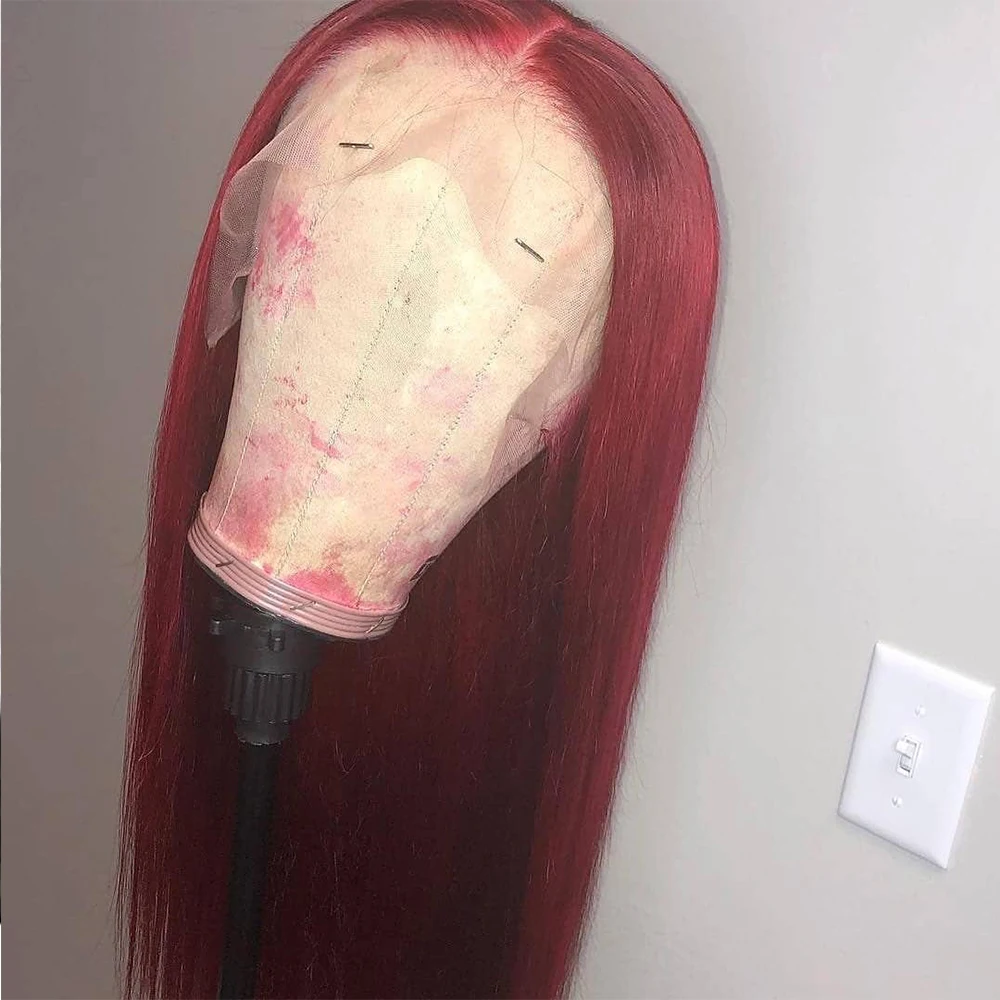 13X6 глубокая часть красные прямые волосы на шнурках спереди парик перуанские волосы Remy бордовые парики 150% плотность передние парики на кружеве для женщин