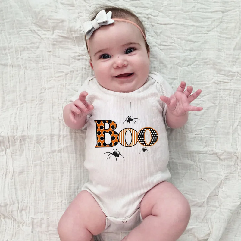 

Baby romper suit BOO letters printed cartoon spider euramerican fashion round collar short sleeve climb clothes