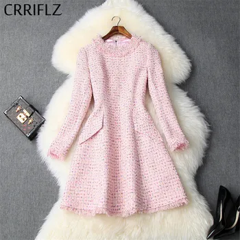 

Medium Long Women Dress New Vintage Tweed Tassel New Beaded A-Line Dress Women Full Sleeve O-Neck Autumn Winter Party Dress