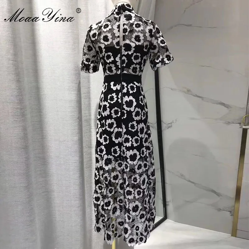 MoaaYina модное дизайнерское подиумное платье осеннее женское платье водолазка с коротким рукавом абстрактное гипюровое кружевное Открытое платье