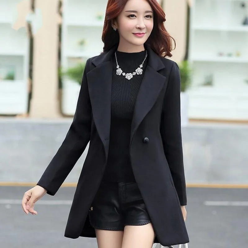 

Женское шерстяное пальто, облегающее двубортное пальто средней длины с длинным рукавом и отложным воротником, Осень-зима