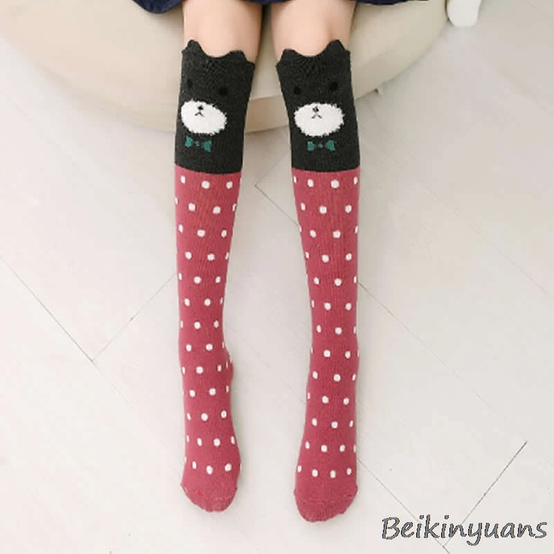 Red dot bear Весенне-осенние детские носки с мультяшными животными хлопковые носки с ушками для девочек, детские носки выше колена - Цвет: Red dot bear