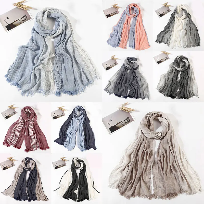 

Pleated Scarf Wrinkled Scarves Men Scarves Soft Tassels Unisex Style Scarf Striped Cotton Linen Autumn Winter Long Scarves Shawl