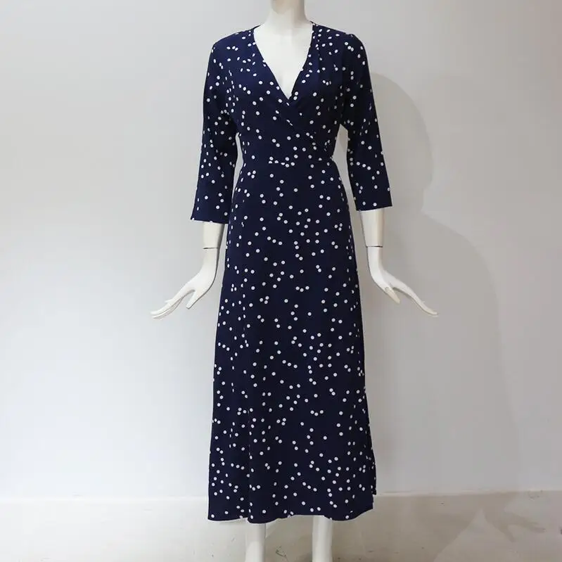 dark blue Весеннее летнее винтажное черное платье шифоновое платье в горошек женское длинное сексуальное платье с разрезом и v-образным вырезом уличная одежда макси платья - Цвет: dark blue