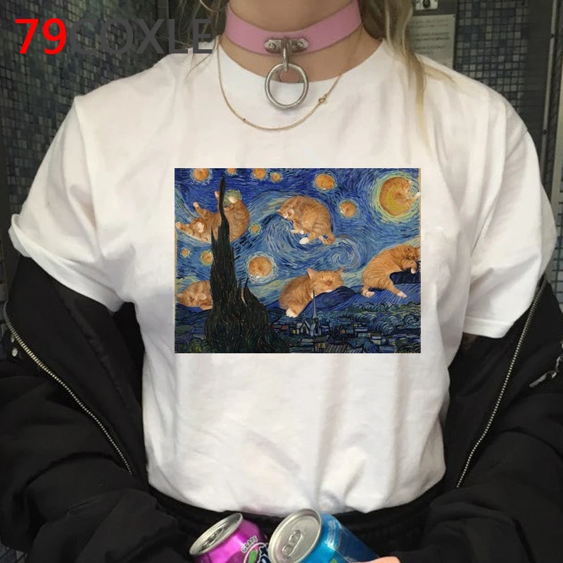 Ван Гог Эстетическая винтажная Харадзюку Футболка женская Ullzang Grunge 90s футболка Графический Забавный мультфильм футболка Модный Топ Футболка женская - Цвет: 10671