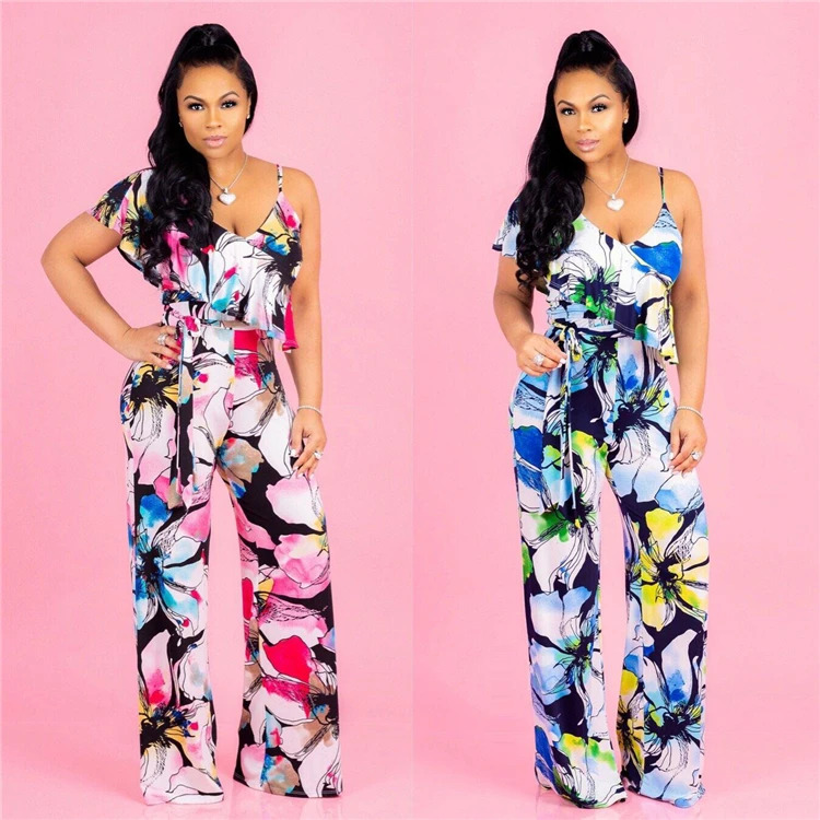 9040138 casual one shoulder floral flower printed wide leg jumpsuit women 2019