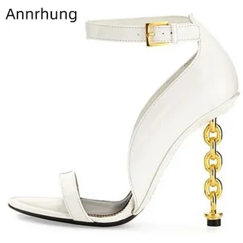

One Strap Sandals Novelty Gold Metal Chain Heel Shoes Woman Unique Cut Open Toe White Dress Shoes Sandals High Heels