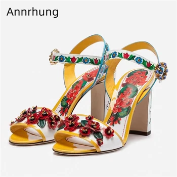 

Printed Floral Genuine Leather Summer Shoes Woman Chunky Heel Red Flower One-strap Rhinestone Buckle Sandals Women
