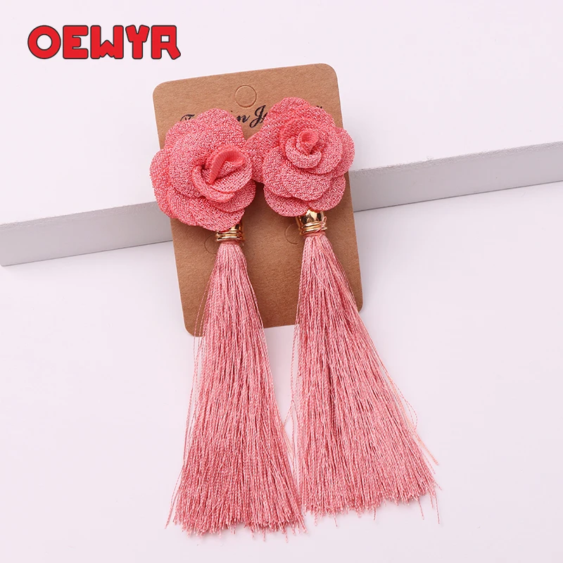 H3aef7044134749cfa8861364ae472ef1t - Fashion Bohemian Tassel Crystal Long Earrings flowers White Red Silk Fabric Drop Dangle Tassel Earrings For Women 2019 Jewelry