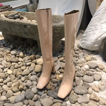 

Knee-High Woman Boots Patent Leather Solid Color Square Toe Ladies Shoes High Heel Luxury Designer New Zapatos De Mujer