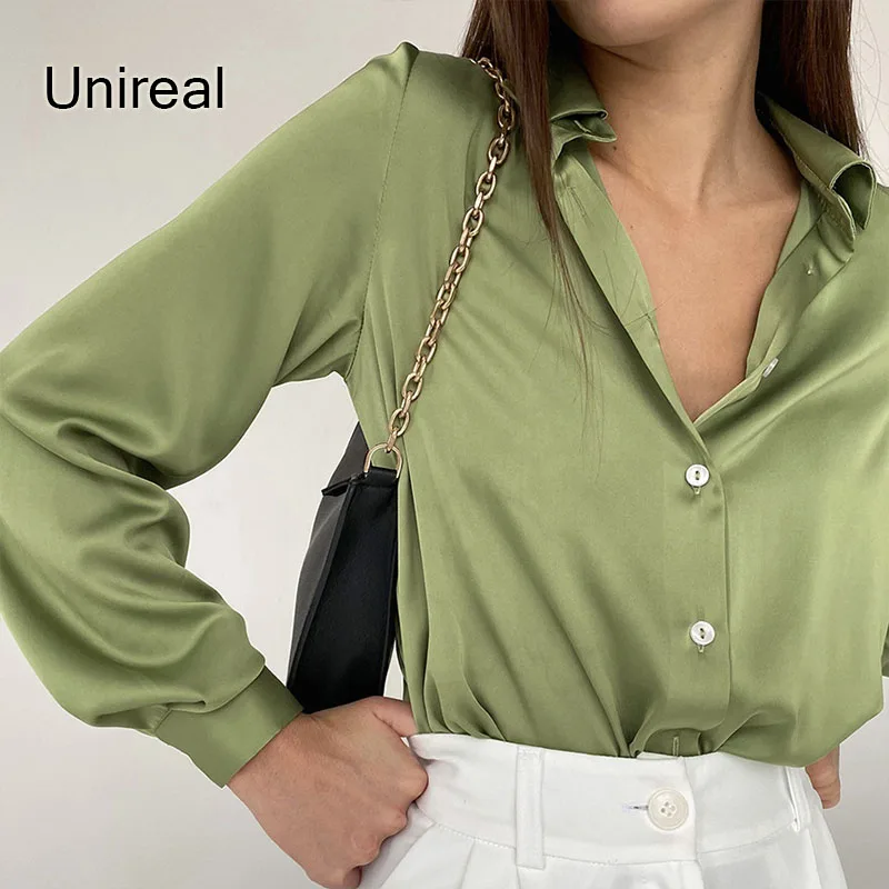 

Unireal 2022 Spring Summer Women Satin Shirt Long Sleeve Vintage Green Silk Shiny Female Shirt Blouse Vintage Tops