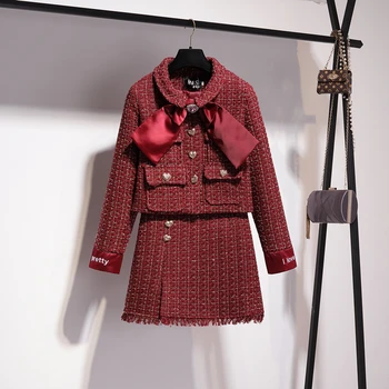 

New Autumn Winter Fashion Ladies Sets Elegant Bow Tweeds Long Sleeve Short Jackets + High Waist Slim Short Skirts Women Suits